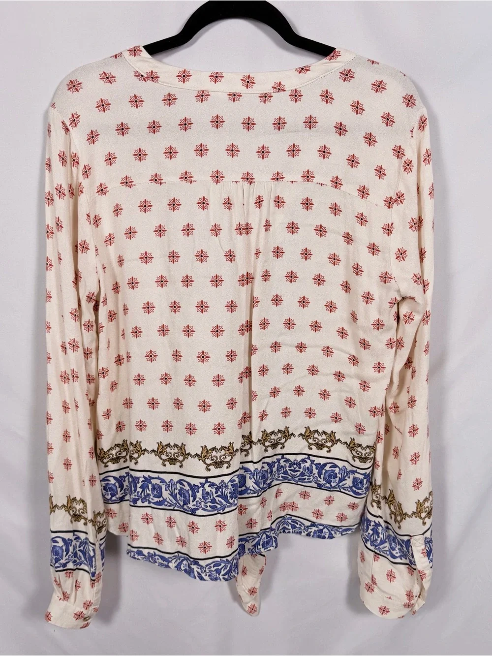 Mystree Boho Tie Front Blouse Sz L Ivory Blue Border Print Peasant Top